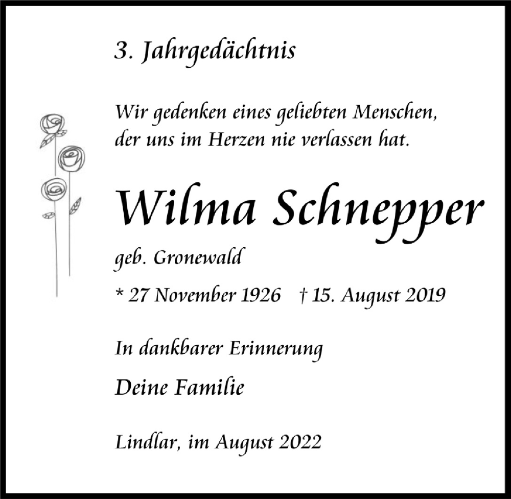  Traueranzeige für Wirma Schnepper vom 12.08.2022 aus  Anzeigen Echo 