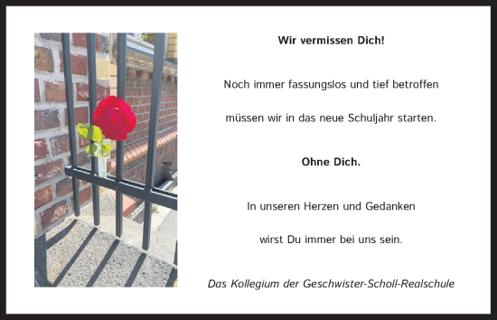 Anzeige von Wir vermissen Dich!  von Kölner Stadt-Anzeiger / Kölnische Rundschau / Express