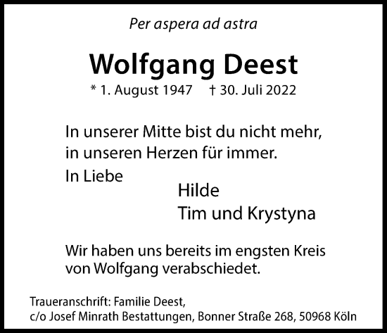 Anzeige von Wolfgang Deest von Kölner Stadt-Anzeiger / Kölnische Rundschau / Express