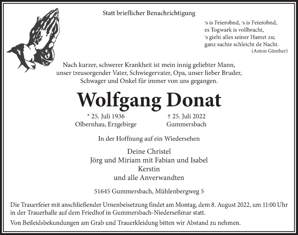  Traueranzeige für Wolfgang Donat vom 05.08.2022 aus  Anzeigen Echo 