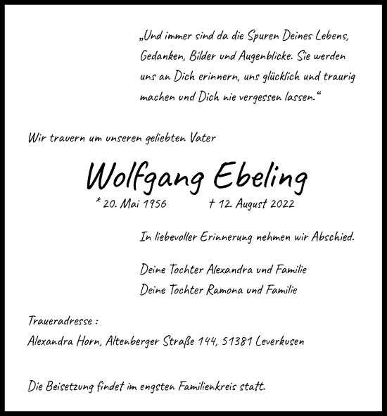 Anzeige von Wolfgang Ebeling von Kölner Stadt-Anzeiger / Kölnische Rundschau / Express