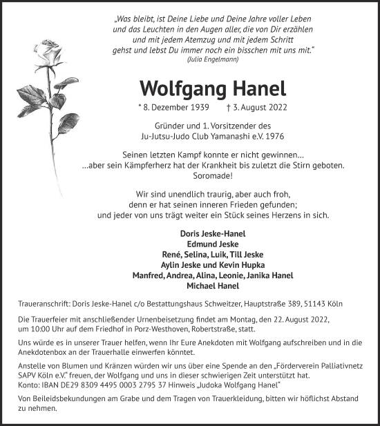 Anzeige von Wolfgang Hanel von  EXPRESS - Die Woche 