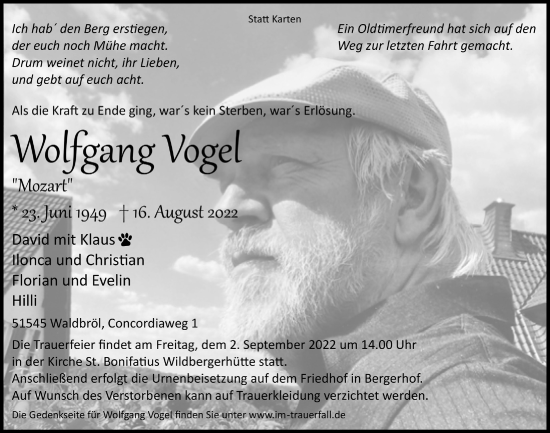 Anzeige von Wolfgang Vogel von  Anzeigen Echo  Lokalanzeiger 