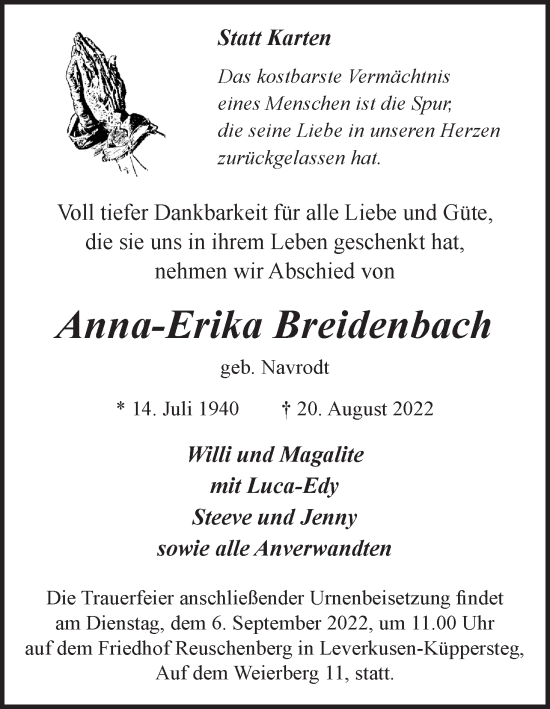 Anzeige von Anna-Erika Breidenbach von Kölner Stadt-Anzeiger / Kölnische Rundschau / Express