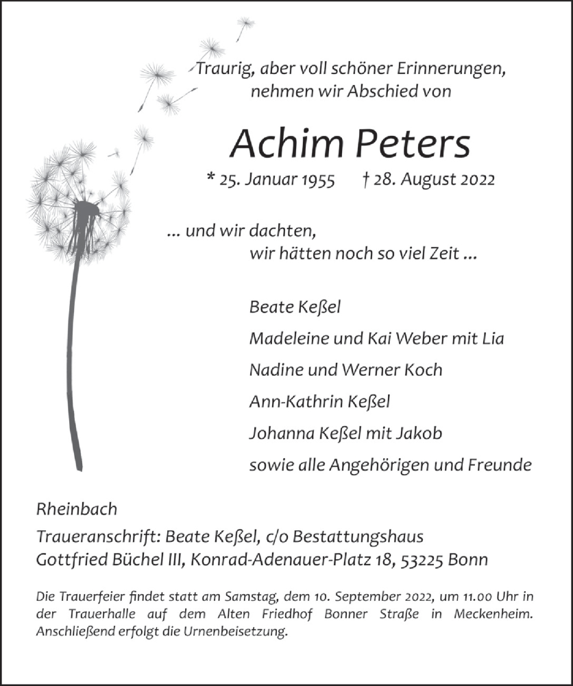  Traueranzeige für Achim Peters vom 02.09.2022 aus  Schaufenster/Blickpunkt 