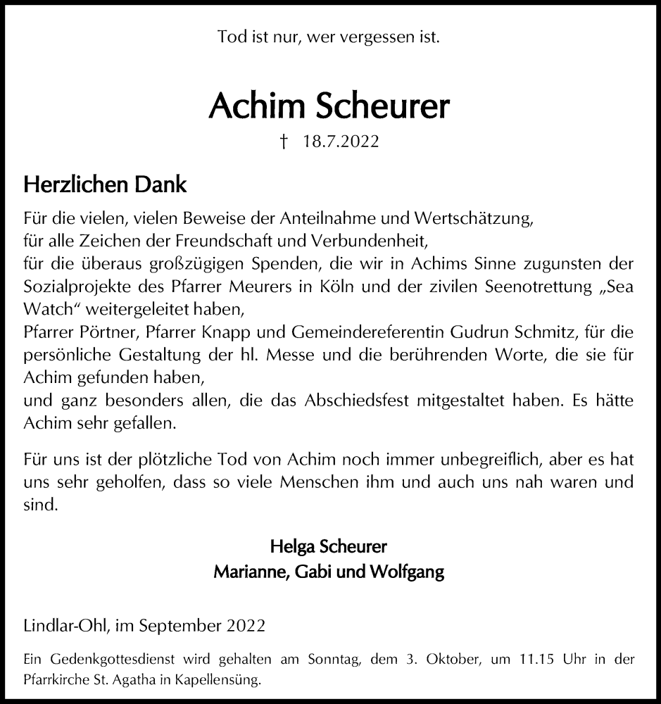  Traueranzeige für Achim Scheurer vom 24.09.2022 aus Kölner Stadt-Anzeiger / Kölnische Rundschau / Express