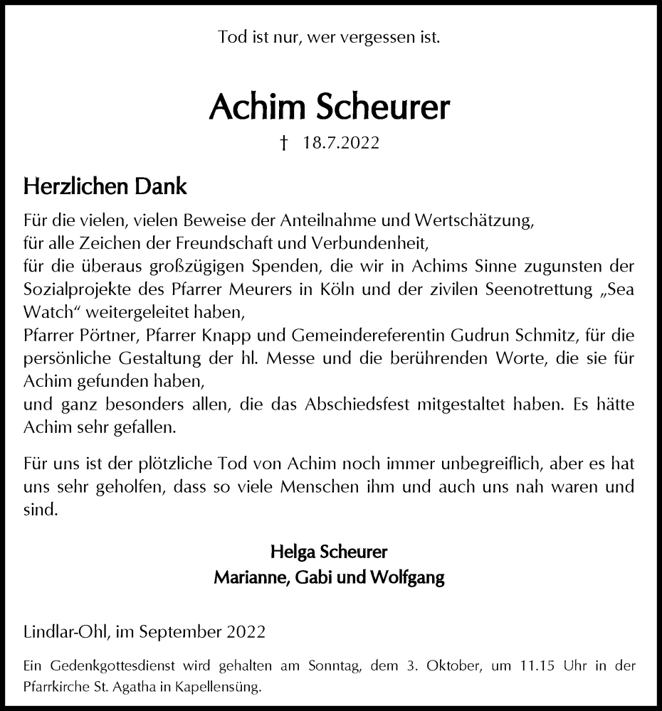  Traueranzeige für Achim Scheurer vom 23.09.2022 aus  Anzeigen Echo 