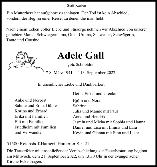 Anzeige von Adele Gall von Kölner Stadt-Anzeiger / Kölnische Rundschau / Express