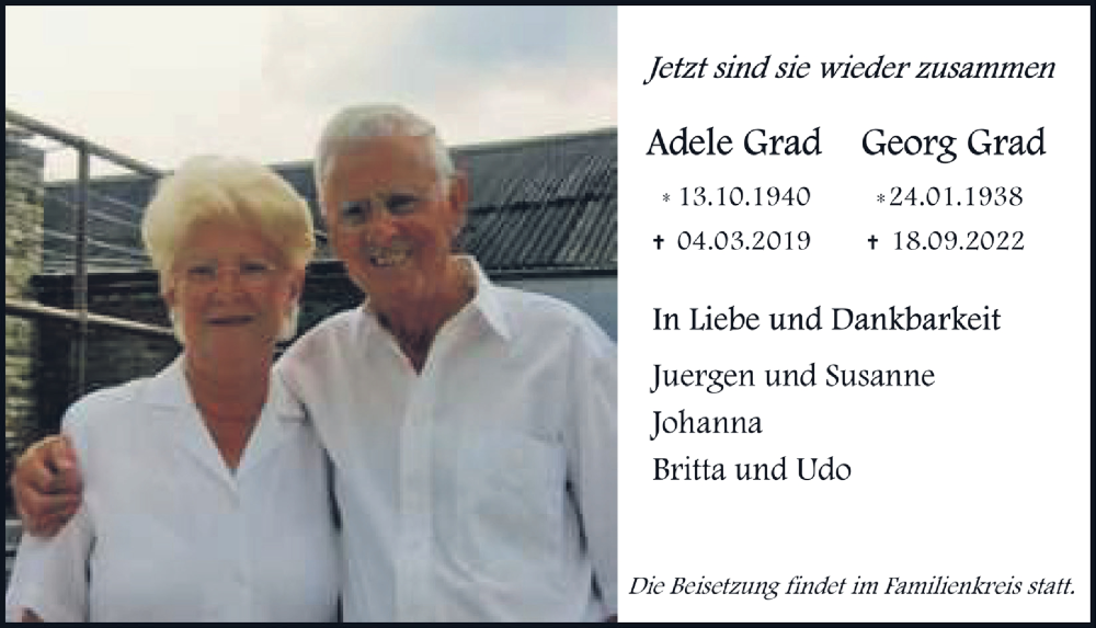  Traueranzeige für Adele Grad vom 23.09.2022 aus  Schlossbote/Werbekurier 