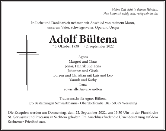 Anzeige von Adolf Bültena von  Schlossbote/Werbekurier 