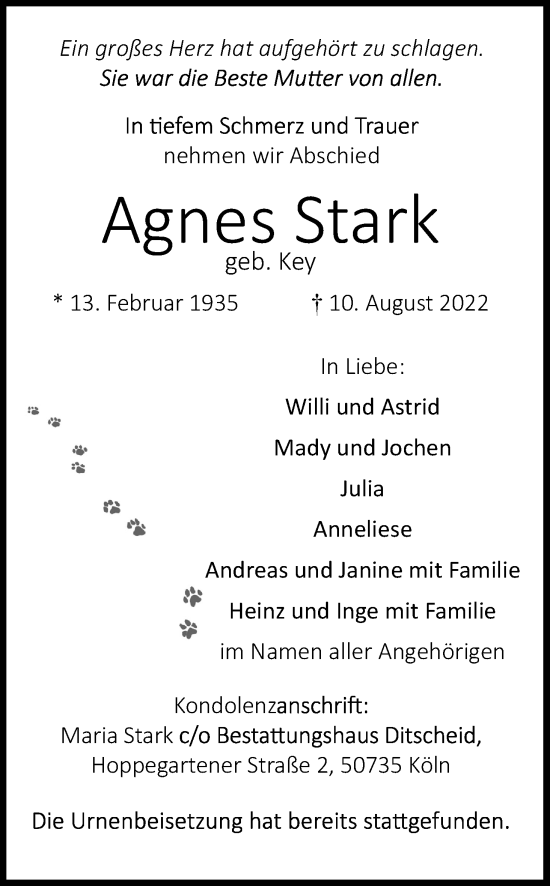 Anzeige von Agnes Stark von Kölner Stadt-Anzeiger / Kölnische Rundschau / Express