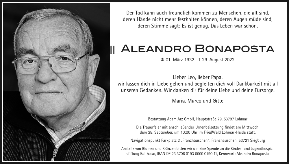  Traueranzeige für Aleandro Bonaposta vom 22.09.2022 aus Kölner Stadt-Anzeiger / Kölnische Rundschau / Express