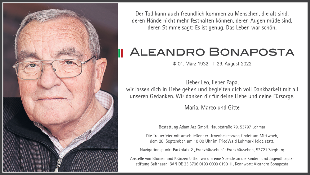  Traueranzeige für Aleandro Bonaposta vom 24.09.2022 aus Kölner Stadt-Anzeiger / Kölnische Rundschau / Express