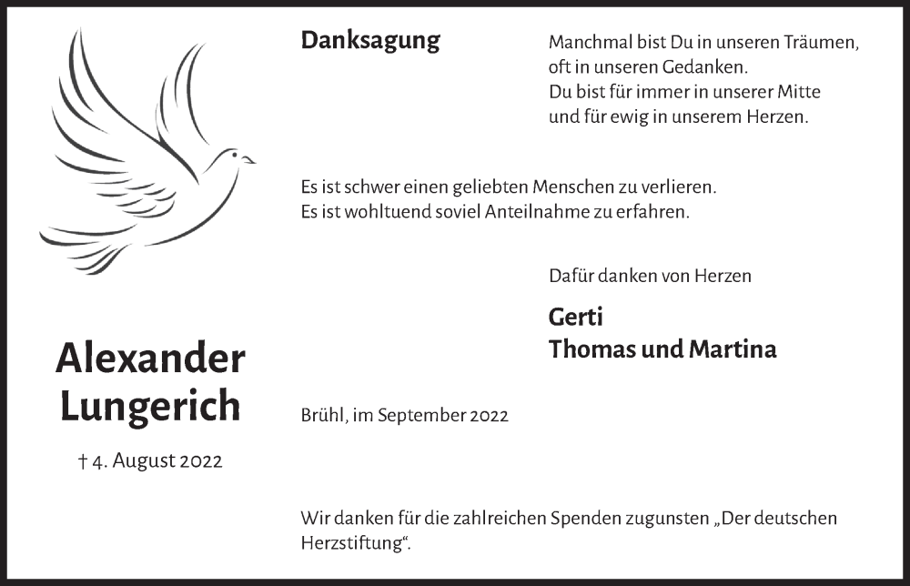  Traueranzeige für Alexander Lungerich vom 30.09.2022 aus  Schlossbote/Werbekurier 