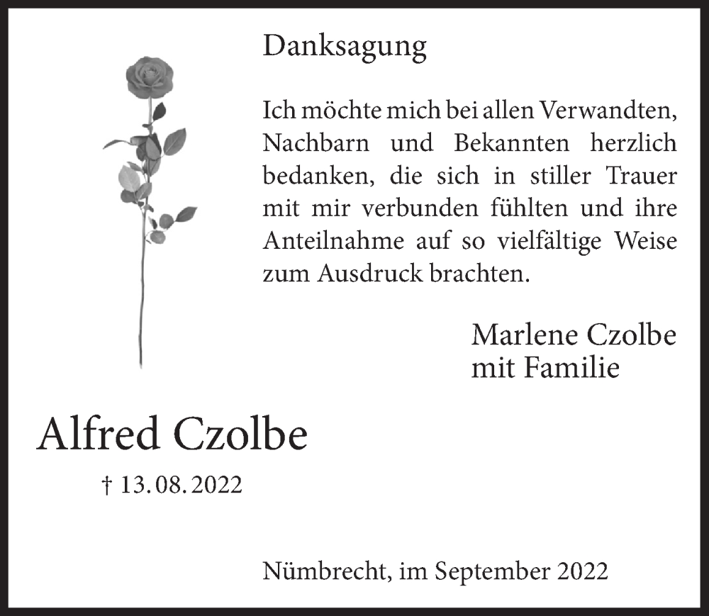  Traueranzeige für Alfred Czolbe vom 23.09.2022 aus  Lokalanzeiger 