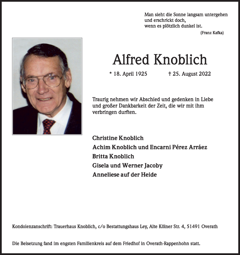  Traueranzeige für Alfred Knoblich vom 10.09.2022 aus Kölner Stadt-Anzeiger / Kölnische Rundschau / Express