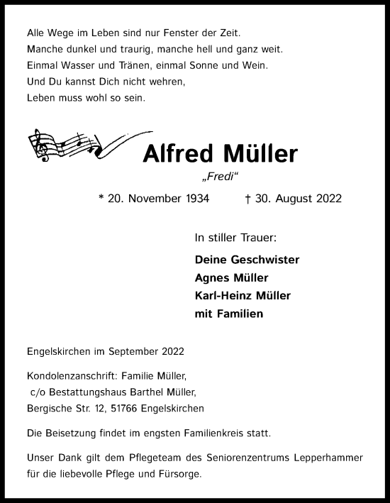 Anzeige von Alfred Müller von Kölner Stadt-Anzeiger / Kölnische Rundschau / Express