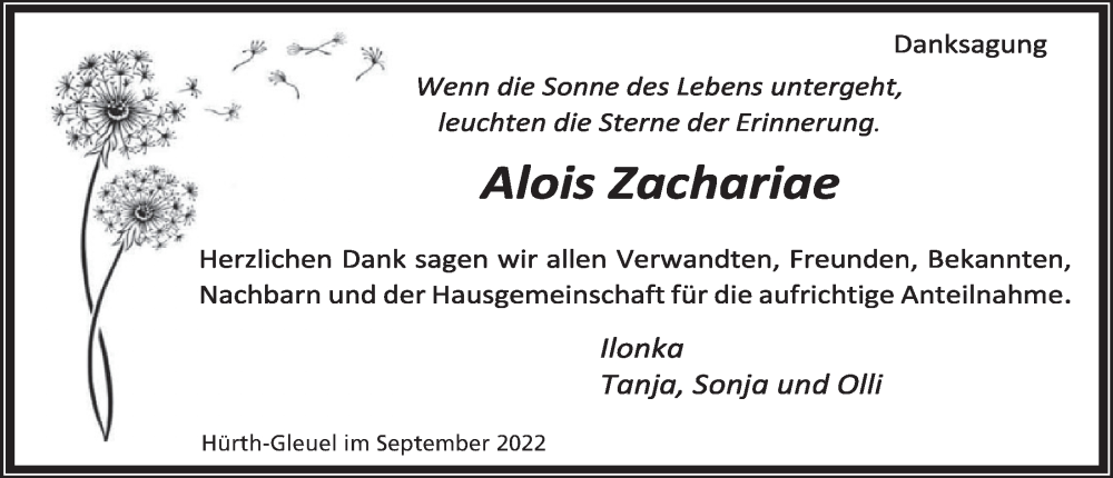  Traueranzeige für Alois Zachariae vom 23.09.2022 aus  Wochenende 