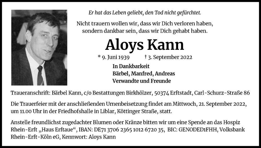  Traueranzeige für Aloys Kann vom 17.09.2022 aus Kölner Stadt-Anzeiger / Kölnische Rundschau / Express