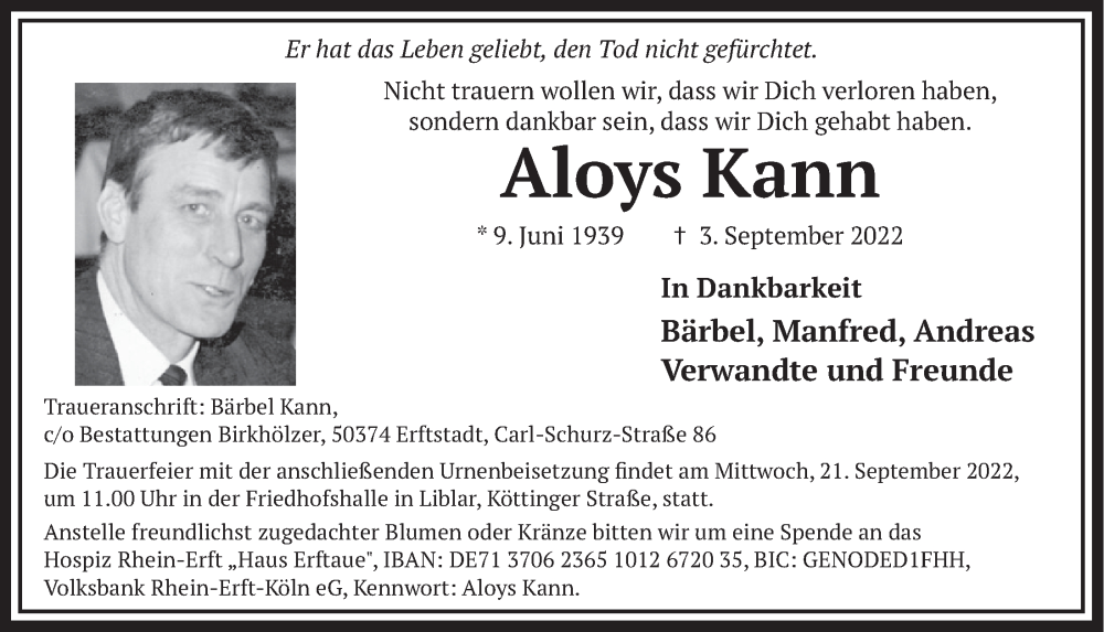  Traueranzeige für Aloys Kann vom 16.09.2022 aus  Werbepost 