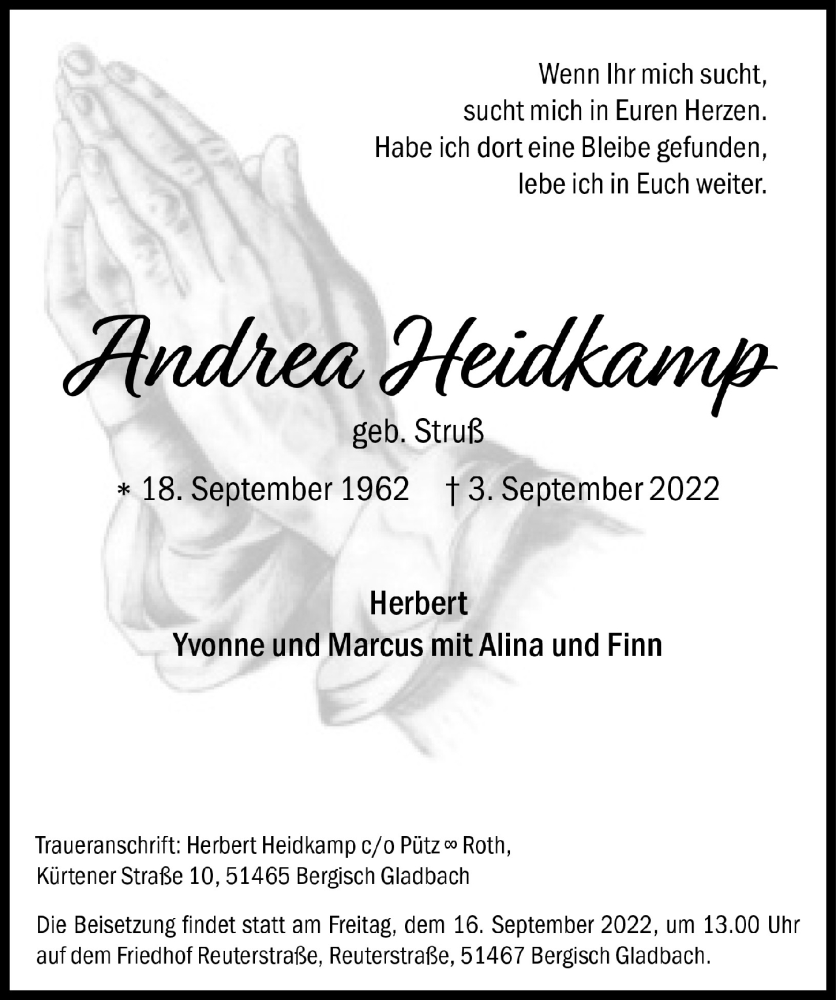  Traueranzeige für Andrea Heidkamp vom 09.09.2022 aus  Bergisches Handelsblatt 