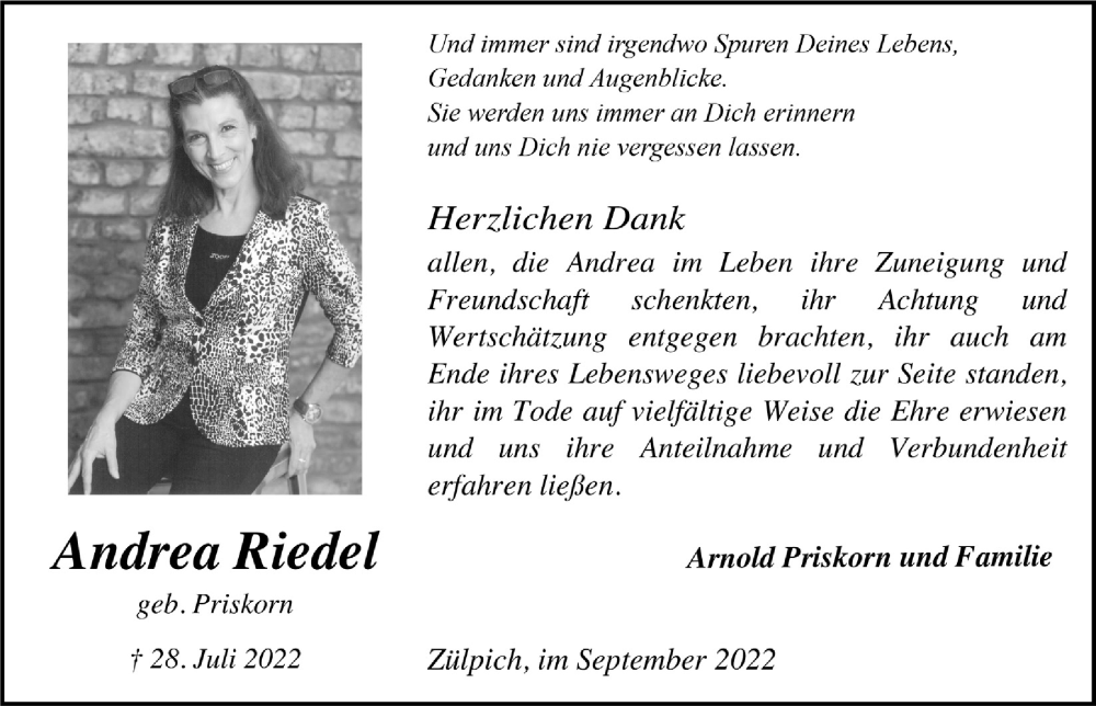  Traueranzeige für Andrea Riedel vom 10.09.2022 aus  Blickpunkt Euskirchen 