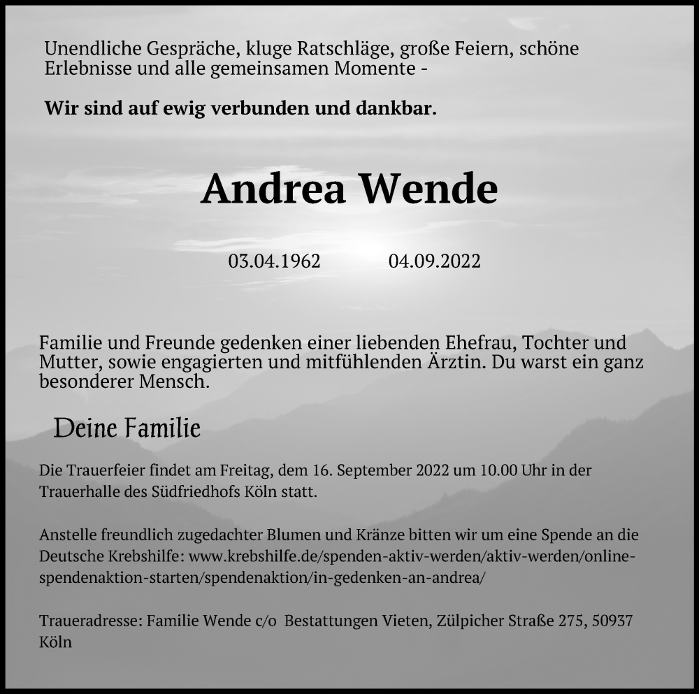  Traueranzeige für Andrea Wende vom 10.09.2022 aus Kölner Stadt-Anzeiger / Kölnische Rundschau / Express