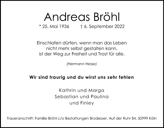 Anzeige von Andreas Bröhl von Kölner Stadt-Anzeiger / Kölnische Rundschau / Express