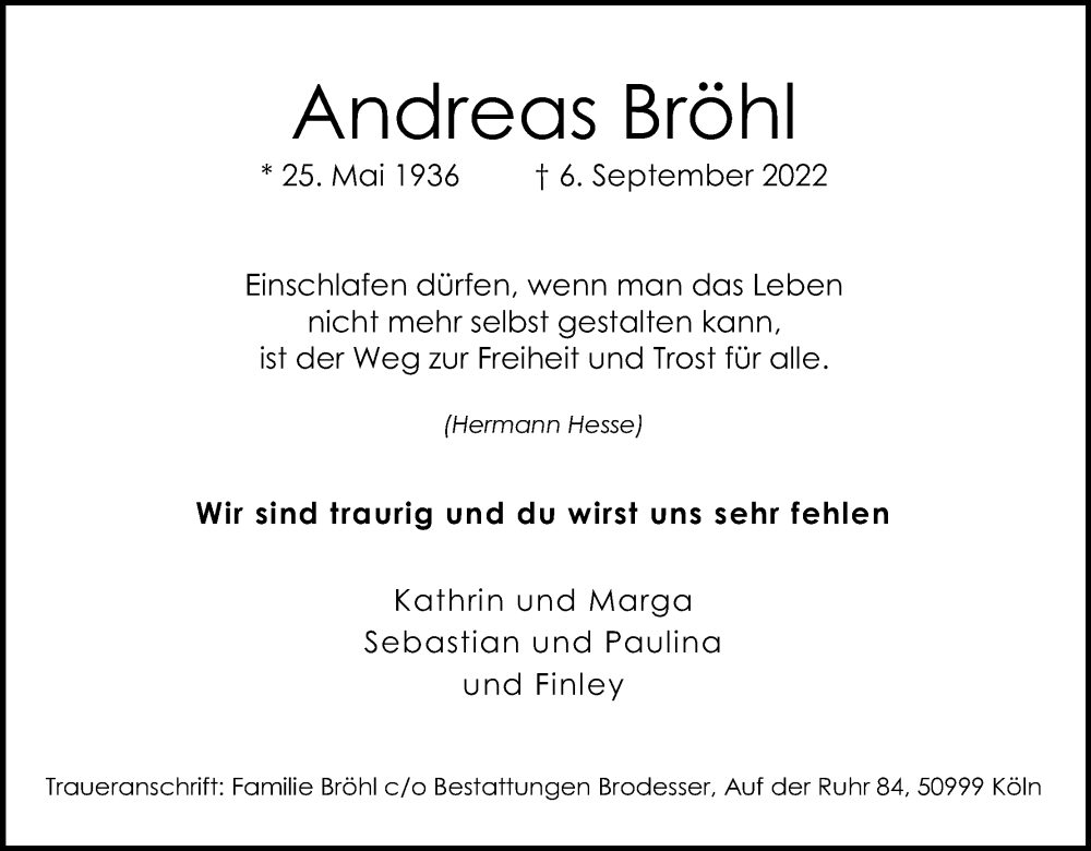  Traueranzeige für Andreas Bröhl vom 17.09.2022 aus Kölner Stadt-Anzeiger / Kölnische Rundschau / Express