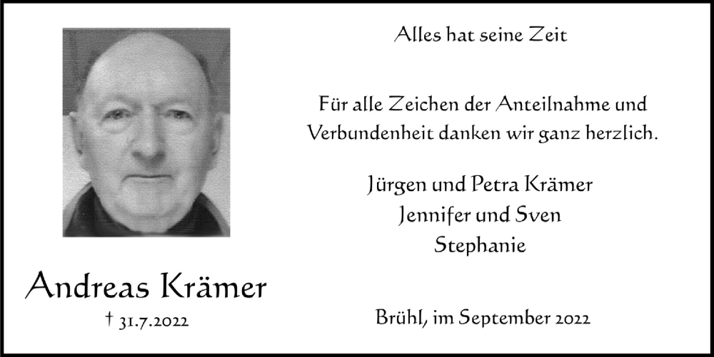  Traueranzeige für Andreas Krämer vom 09.09.2022 aus  Schlossbote/Werbekurier 