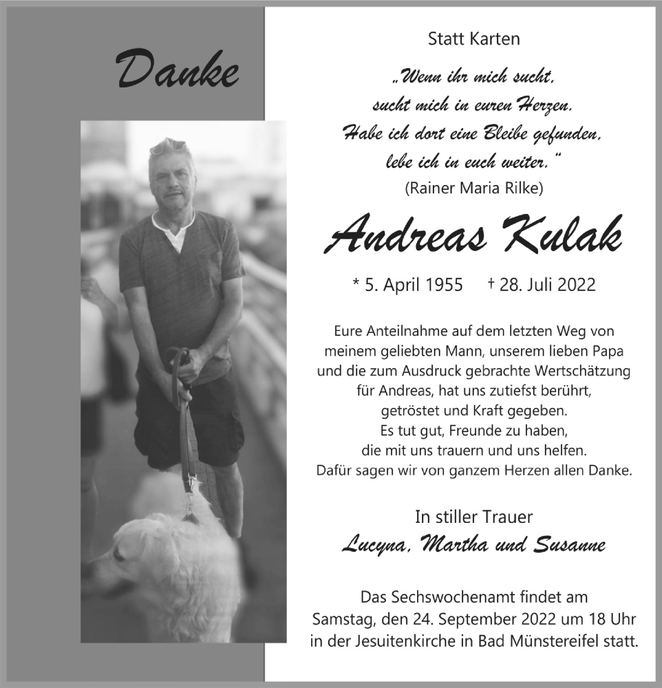  Traueranzeige für Andreas Kulak vom 17.09.2022 aus  Blickpunkt Euskirchen 