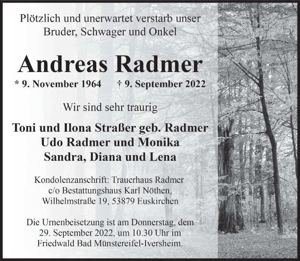  Traueranzeige für Andreas Radmer vom 24.09.2022 aus  Blickpunkt Euskirchen 