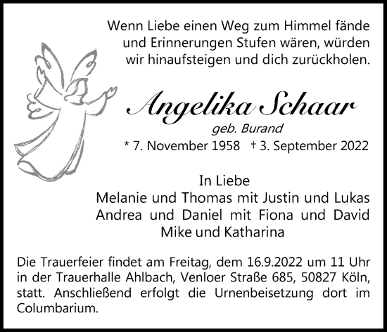 Anzeige von Angelika Schaar von Kölner Stadt-Anzeiger / Kölnische Rundschau / Express