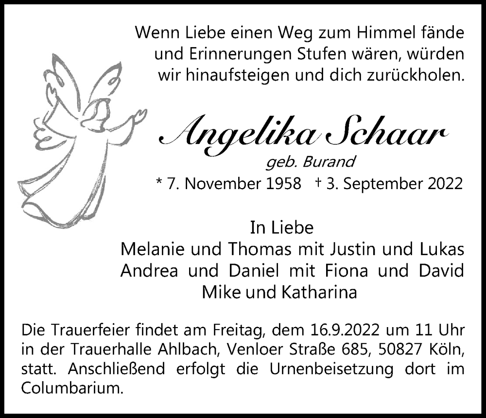  Traueranzeige für Angelika Schaar vom 10.09.2022 aus Kölner Stadt-Anzeiger / Kölnische Rundschau / Express