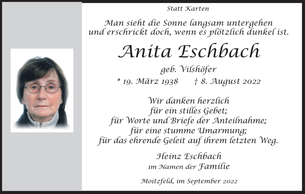  Traueranzeige für Anita Eschbach vom 17.09.2022 aus Kölner Stadt-Anzeiger / Kölnische Rundschau / Express