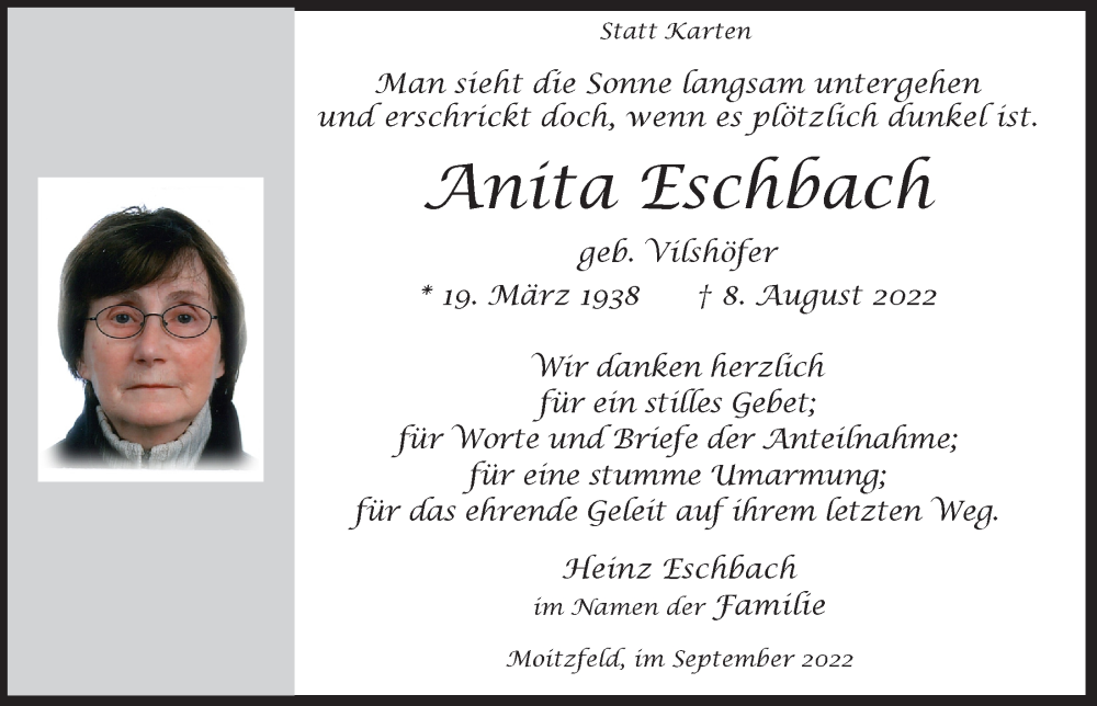  Traueranzeige für Anita Eschbach vom 09.09.2022 aus  Bergisches Handelsblatt 