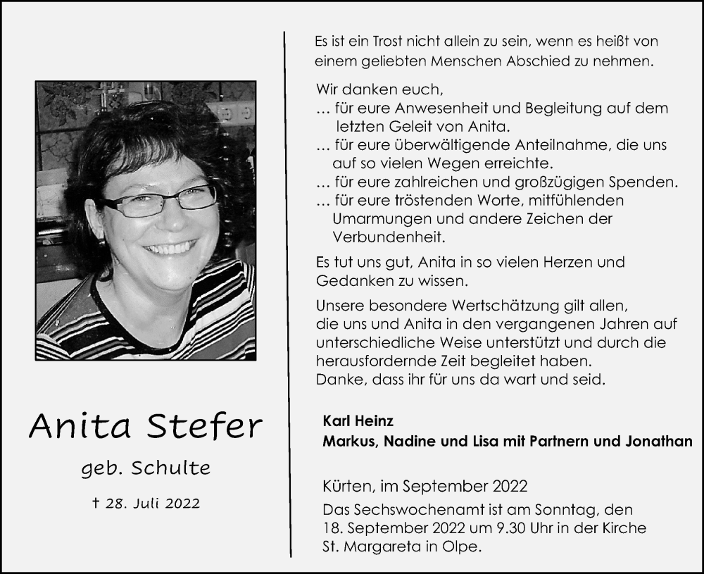  Traueranzeige für Anita Stefer vom 10.09.2022 aus Kölner Stadt-Anzeiger / Kölnische Rundschau / Express