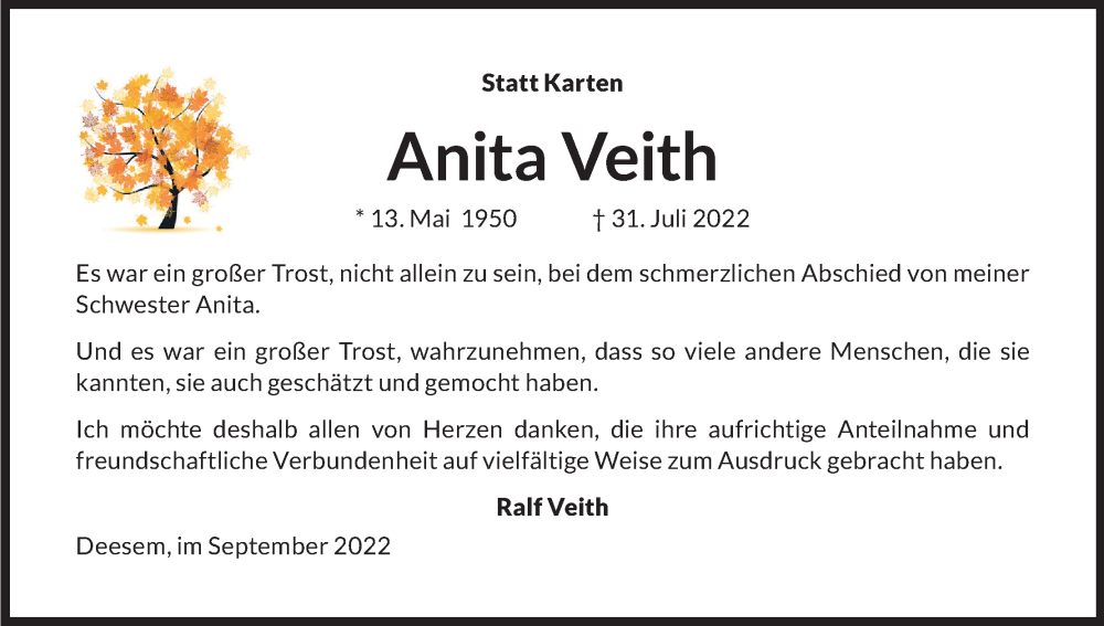  Traueranzeige für Anita Veith vom 10.09.2022 aus Kölner Stadt-Anzeiger / Kölnische Rundschau / Express