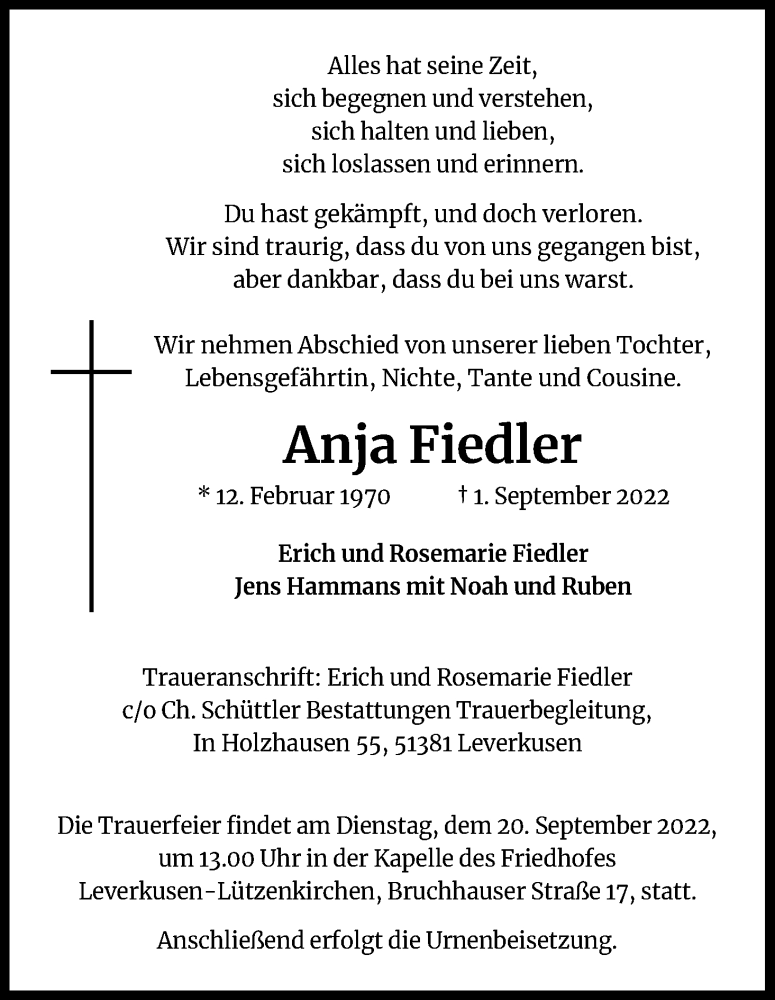  Traueranzeige für Anja Fiedler vom 10.09.2022 aus Kölner Stadt-Anzeiger / Kölnische Rundschau / Express