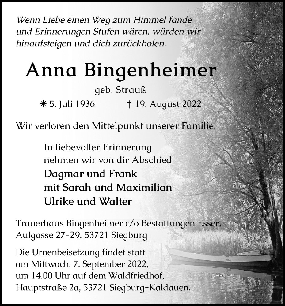  Traueranzeige für Anna Bingenheimer vom 03.09.2022 aus Kölner Stadt-Anzeiger / Kölnische Rundschau / Express