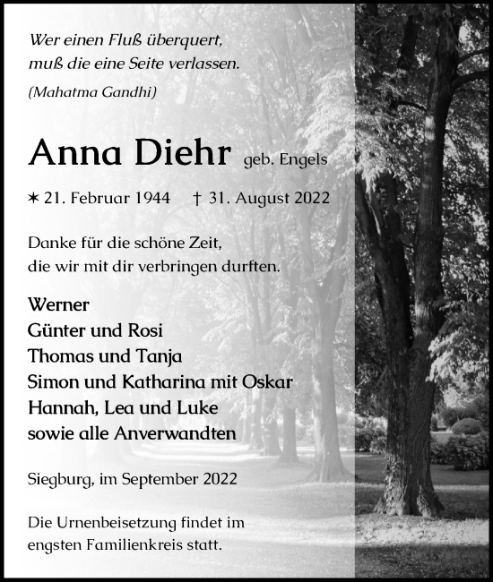Anzeige von Anna Diehr von Kölner Stadt-Anzeiger / Kölnische Rundschau / Express
