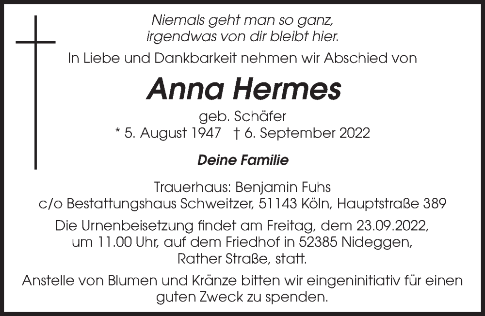  Traueranzeige für Anna Hermes vom 16.09.2022 aus  EXPRESS - Die Woche 