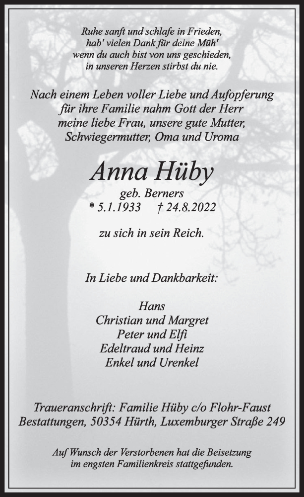  Traueranzeige für Anna Hüby vom 30.09.2022 aus  Wochenende 