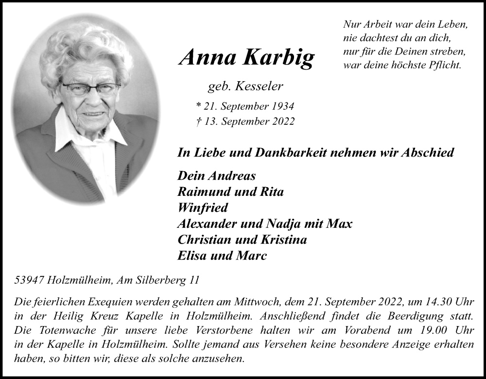  Traueranzeige für Anna Karbig vom 17.09.2022 aus Kölner Stadt-Anzeiger / Kölnische Rundschau / Express