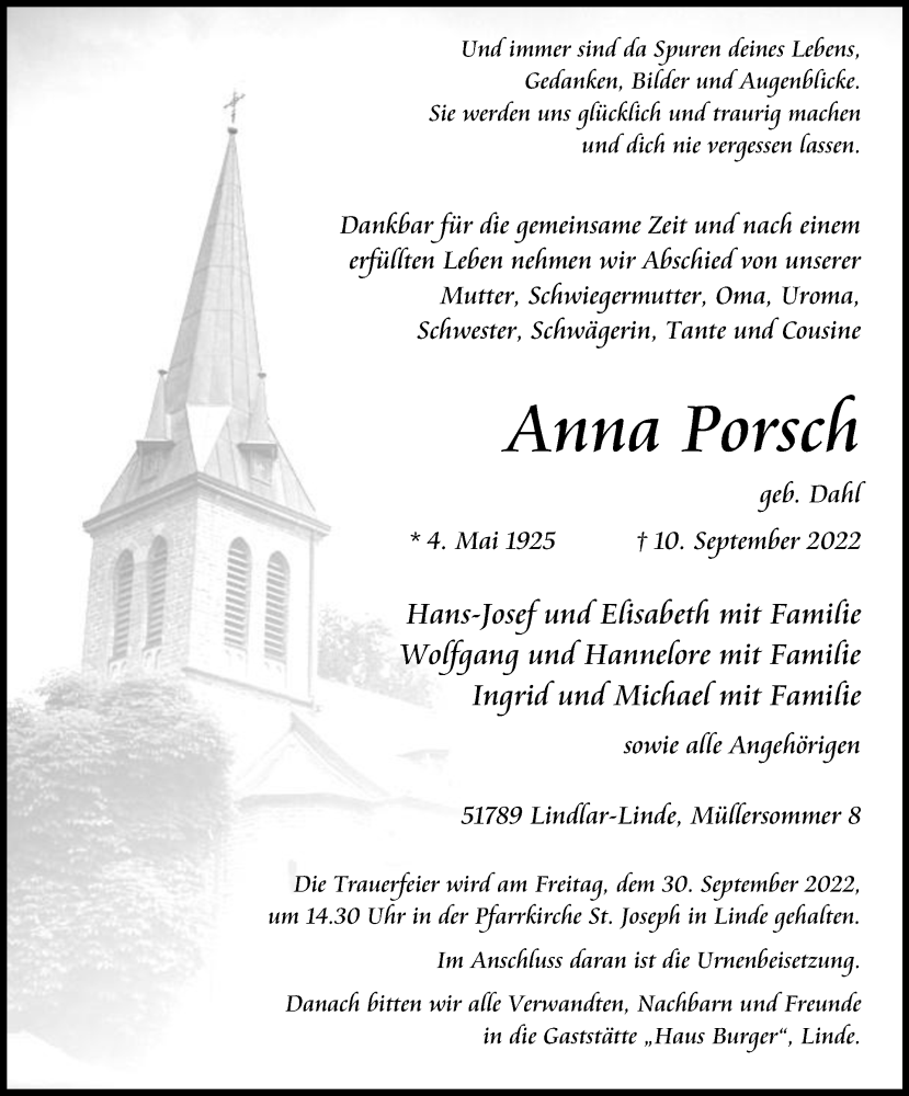  Traueranzeige für Anna Porsch vom 24.09.2022 aus Kölner Stadt-Anzeiger / Kölnische Rundschau / Express