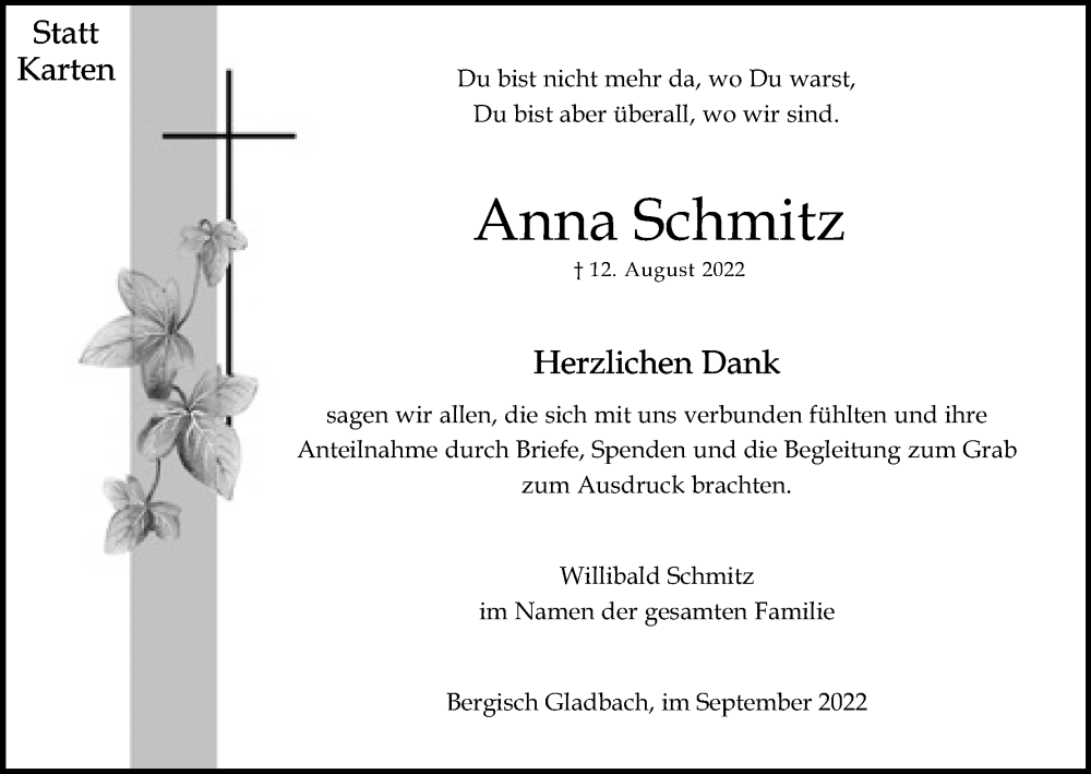  Traueranzeige für Anna Schmitz vom 10.09.2022 aus Kölner Stadt-Anzeiger / Kölnische Rundschau / Express