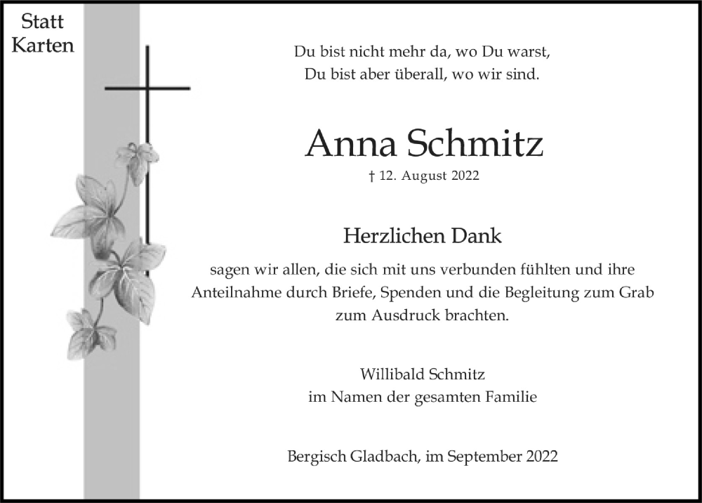  Traueranzeige für Anna Schmitz vom 09.09.2022 aus  Bergisches Handelsblatt 