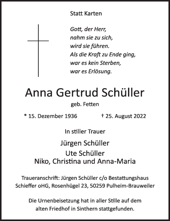 Anzeige von Anna Gertrud Schüller von  Wochenende 
