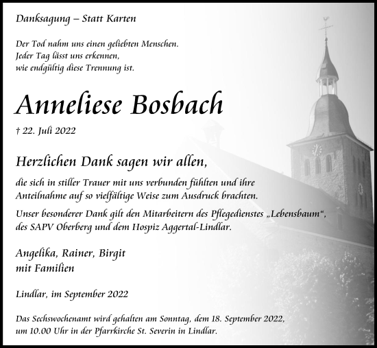 Anzeige von Anndiese Bosbach von Kölner Stadt-Anzeiger / Kölnische Rundschau / Express