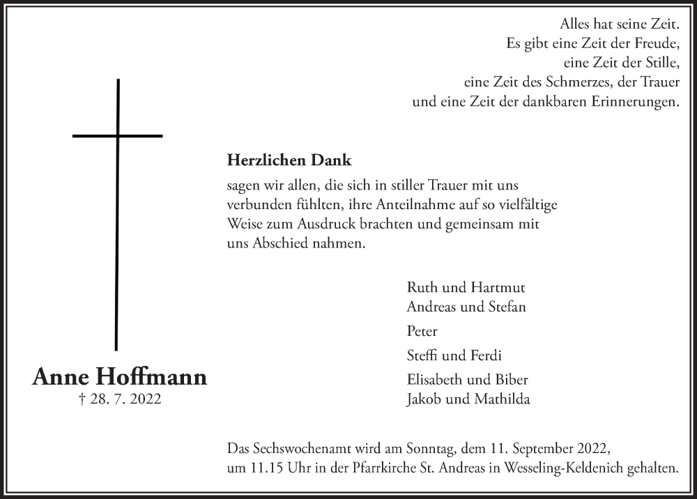  Traueranzeige für Anne Hoffmann vom 02.09.2022 aus  Schlossbote/Werbekurier 